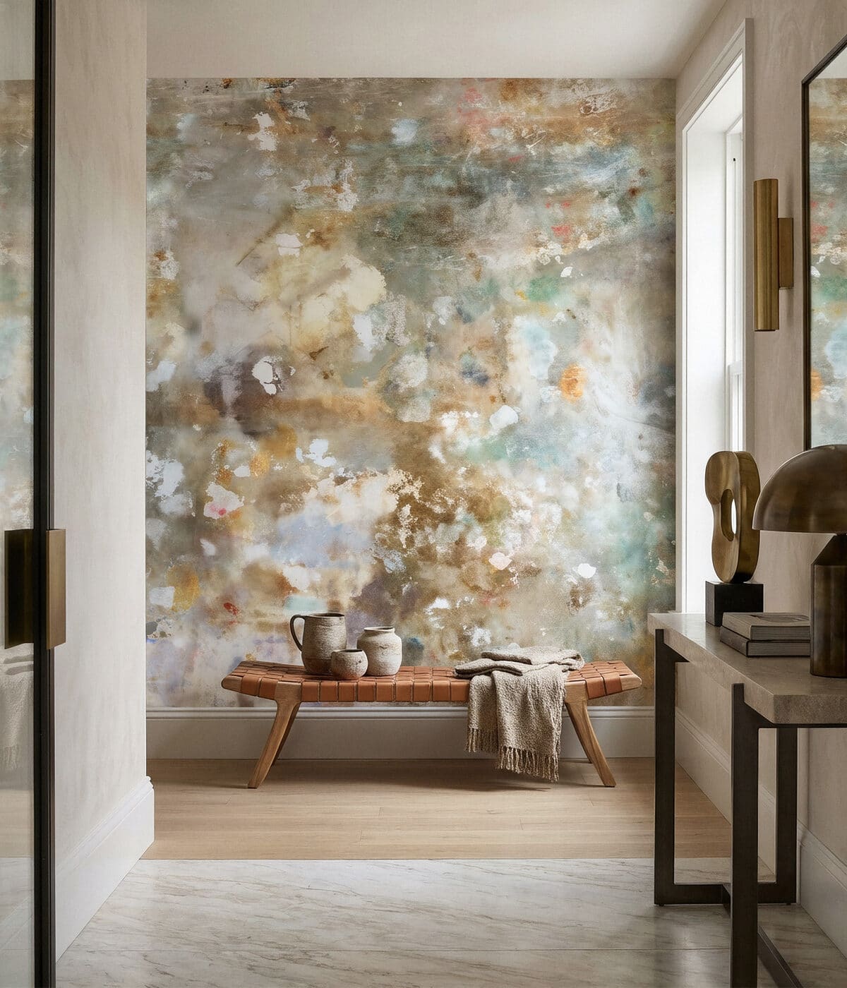 Artistic mural wallpaper in a refined interior