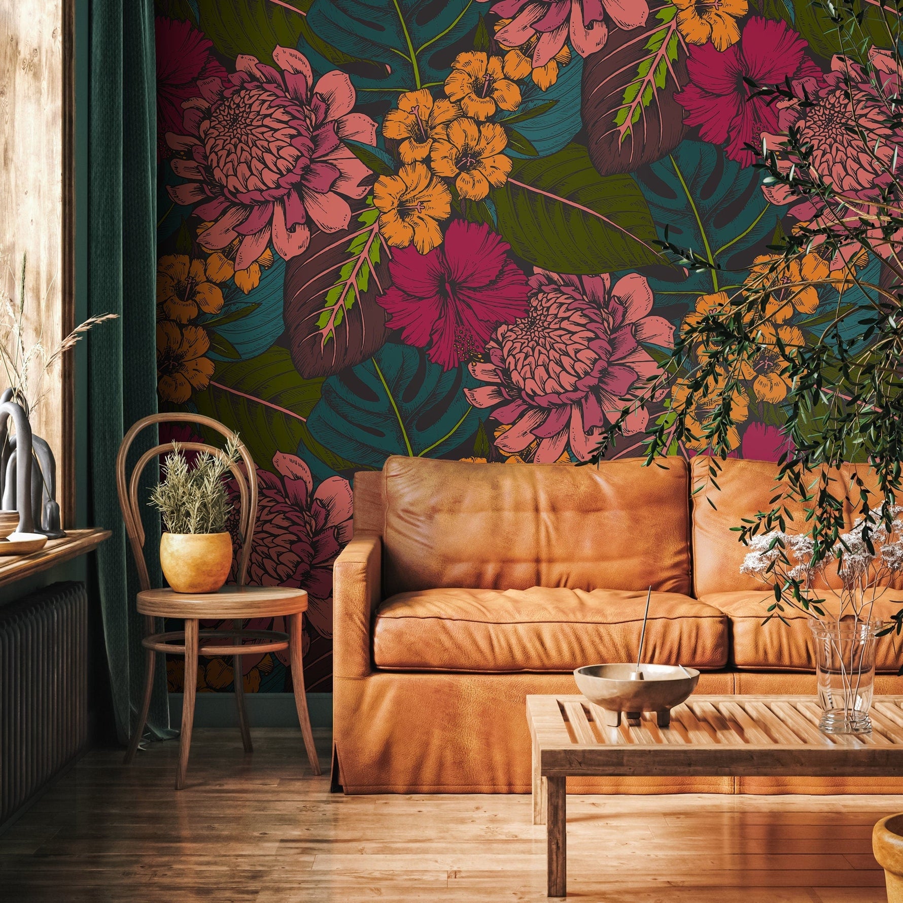 Botanical wallpaper in a warm interior nook