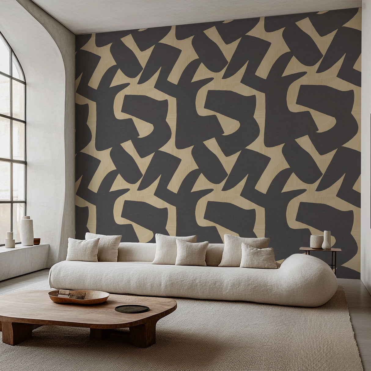 Charcoal geometric wallcovering used as a feature wall