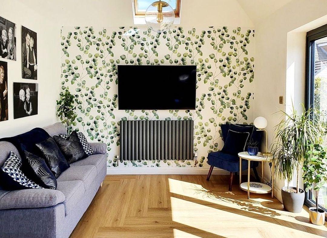 Patterned wallpaper in a bright living room